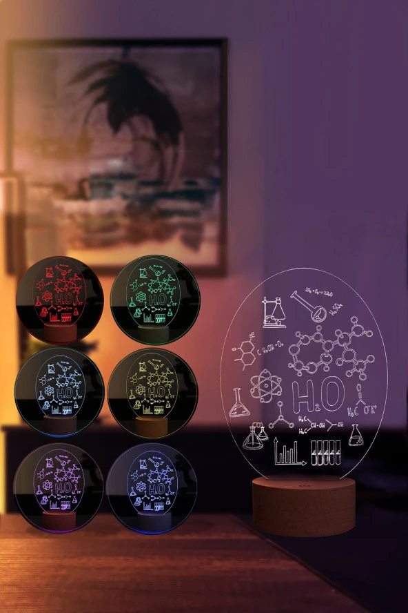 BY-LAMP Kimya Formülü Figürlü Dekoratif Hediye Led Masa Lambası | 7 Işık Rengi | Ahşap Taban - Resim 2