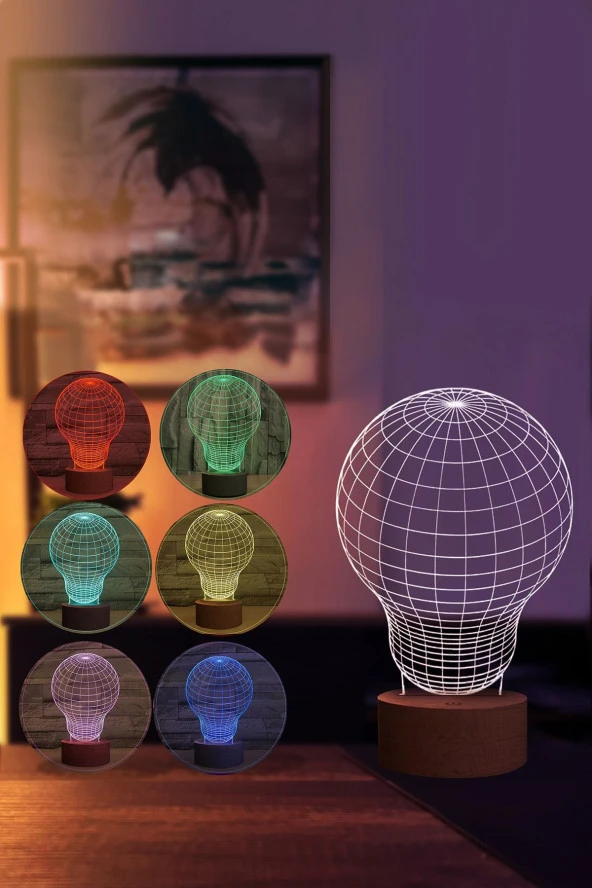 BY-LAMP Dekoratif Ampul Figürlü Dekoratif Hediye Led Masa Lambası | 7 Işık Rengi | Ahşap Taban - Resim 2