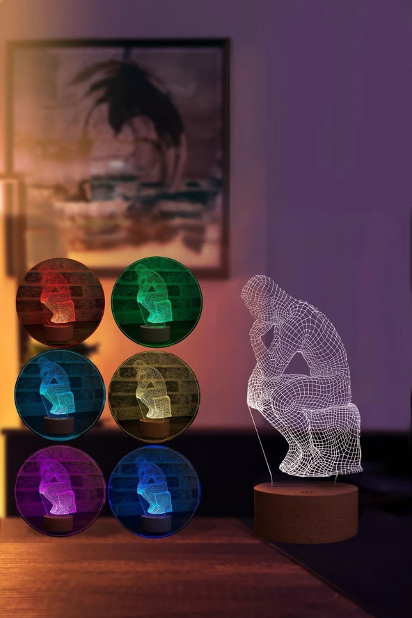 BY-LAMP Düşünen Adam Figürlü Dekoratif Hediye Led Masa Lambası | 7 Işık Rengi | Ahşap Taban - Resim 2