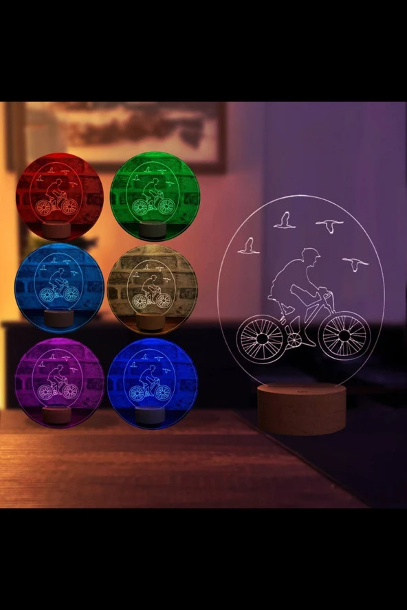 BY-LAMP Bisiklet & Kuş Figürlü Dekoratif Hediye Led Masa Lambası | 7 Işık Rengi | Ahşap Taban - Resim 2