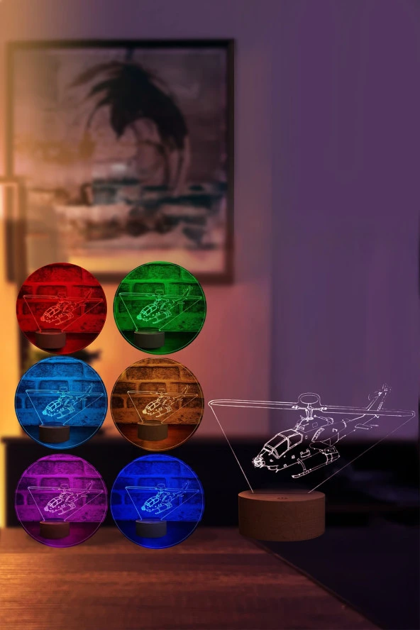 BY-LAMP Helikopter Led Masa Lambası Ahşap Taban 7 Farklı Işık Renkli - Resim 2