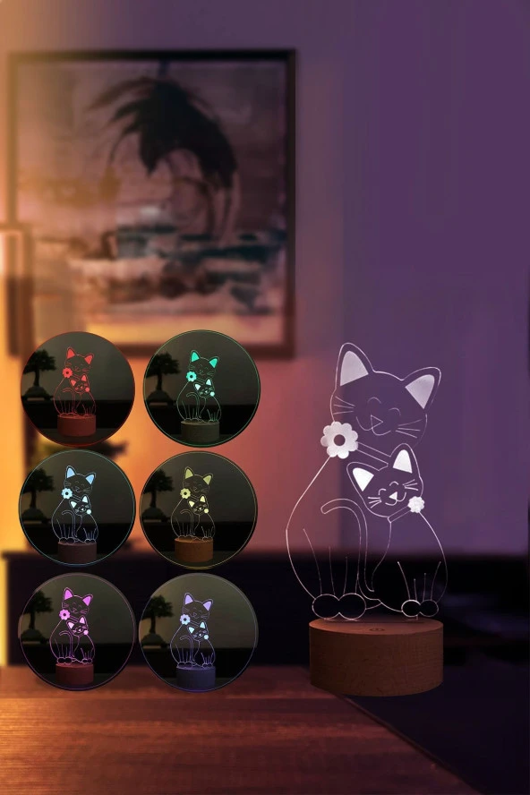 BY-LAMP Kedi Ailesi Led Masa Lambası Ahşap Taban 7 Farklı Işık Renkli Hediye Dekoratif Aydınlatma - 2