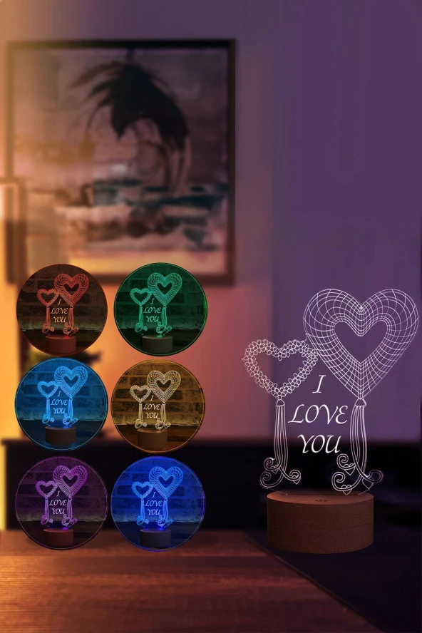 BY-LAMP Iki Kalp Balon Seni Seviyorum Led Masa Lambası Ahşap Taban 7 Farklı Işık Renkli - Resim 2