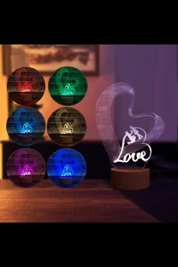 BY-LAMP Aşık Çift Kalp Led Masa Lambası Ahşap Taban 7 Farklı Işık Renkli Hediye Dekoratif Aydınlatma - Resim 2