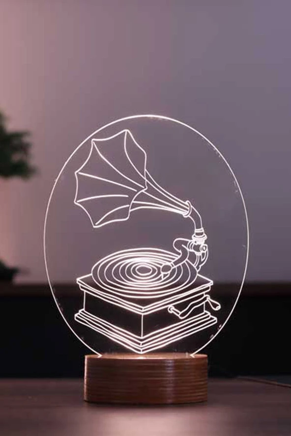 BY-LAMP Gramofon Led Masa Lambası Ahşap Taban 7 Farklı Işık Renkli