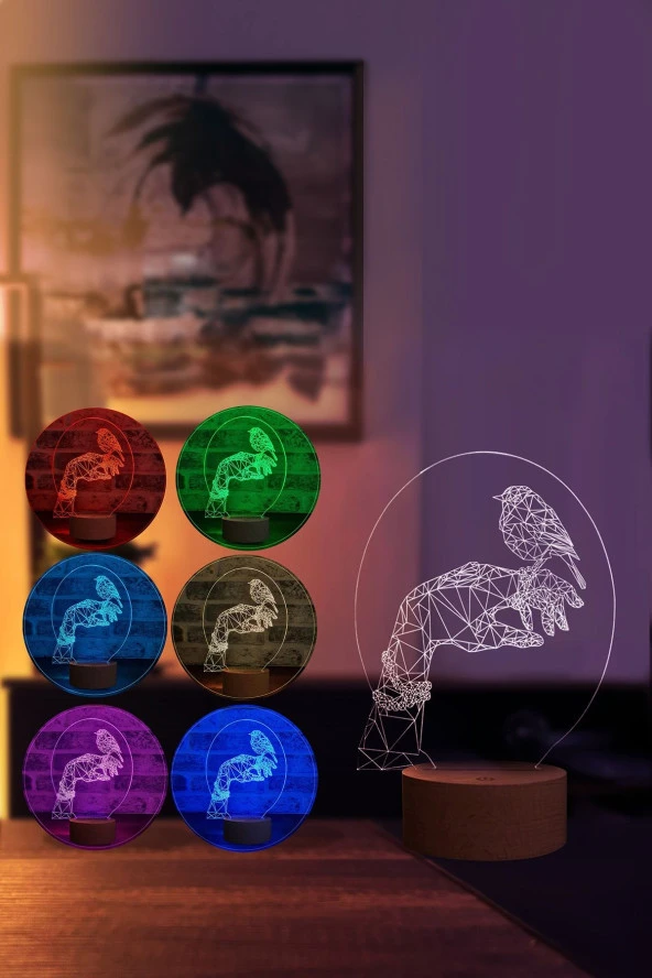 BY-LAMP El & Kuş Figürlü Dekoratif Hediye Led Masa Lambası | 7 Işık Rengi | Ahşap Taban - Resim 2
