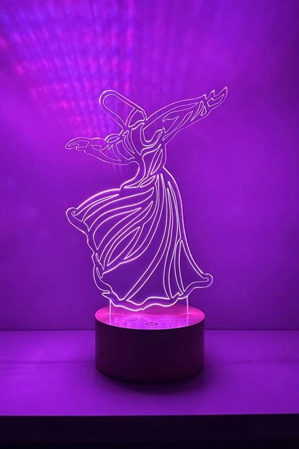 BY-LAMP Semazen Figürlü Dekoratif Hediye Led Masa Lambası | 7 Işık Rengi | Ahşap Taban - Resim 2