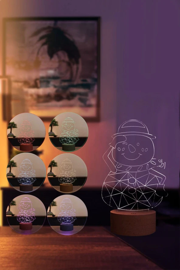 BY-LAMP Kardan Adam Led Masa Lambası Ahşap Taban 7 Farklı Işık Renkli Hediye Dekoratif Aydınlatma - Resim 2