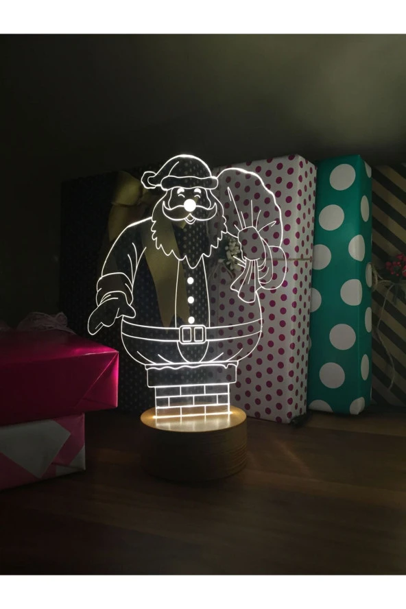BY-LAMP Yeni Yıl Hediyesi Noel Baba Baca Figürlü Dekoratif Led Masa Lambası | 7 Işık Rengi | Ahşap Taban