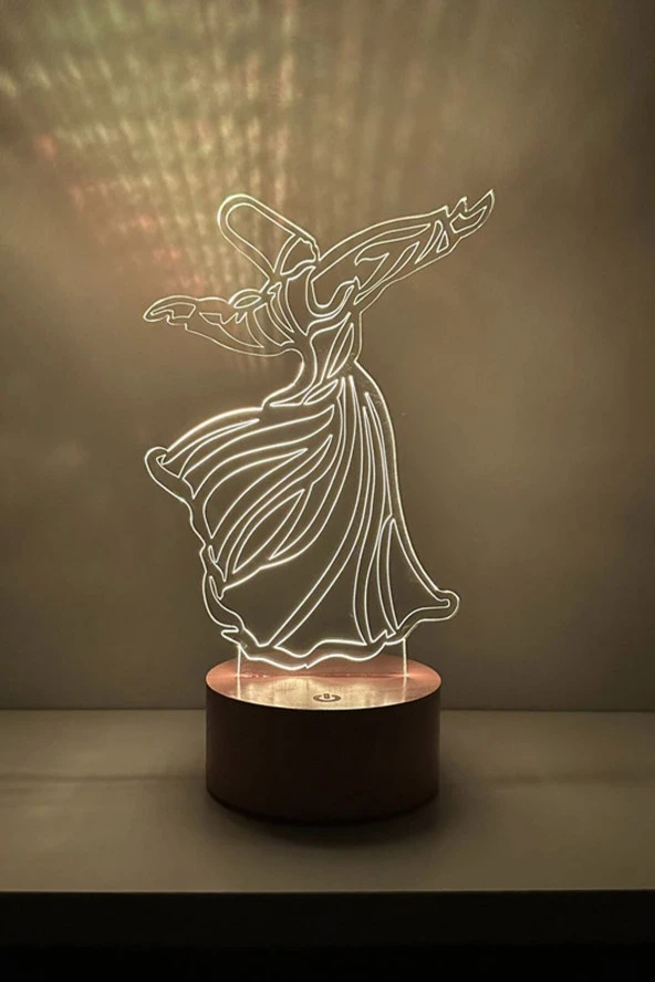 BY-LAMP Semazen Figürlü Dekoratif Hediye Led Masa Lambası | 7 Işık Rengi | Ahşap Taban - Resim 4