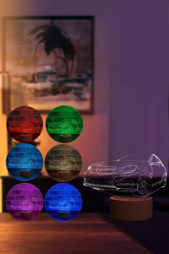 BY-LAMP Mercedes Led Masa Lambası Ahşap Taban 7 Farklı Işık Renkli Gece Lambası Hediye Dekoratif Aydınlatma - Resim 2
