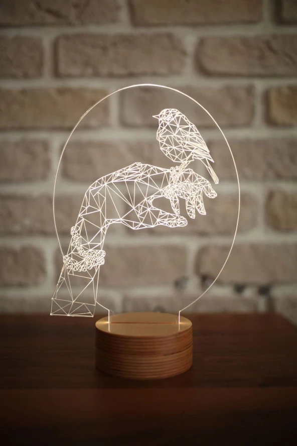 BY-LAMP El & Kuş Figürlü Dekoratif Hediye Led Masa Lambası | 7 Işık Rengi | Ahşap Taban ürün görseli 1