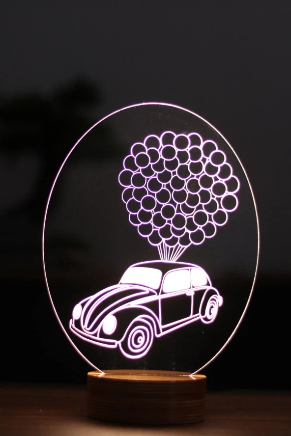 BY-LAMP Vosvos Balon Figürlü Dekoratif Hediye Led Masa Lambası | 7 Işık Rengi | Ahşap Taban