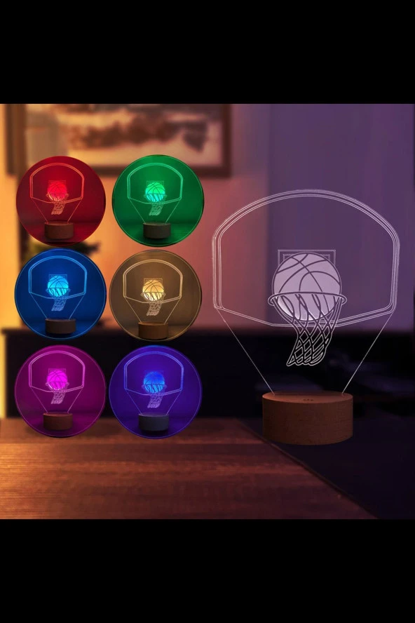 BY-LAMP Basket Potası Figürlü Dekoratif Hediye Led Masa Lambası | 7 Işık Rengi | Ahşap Taban - Resim 2