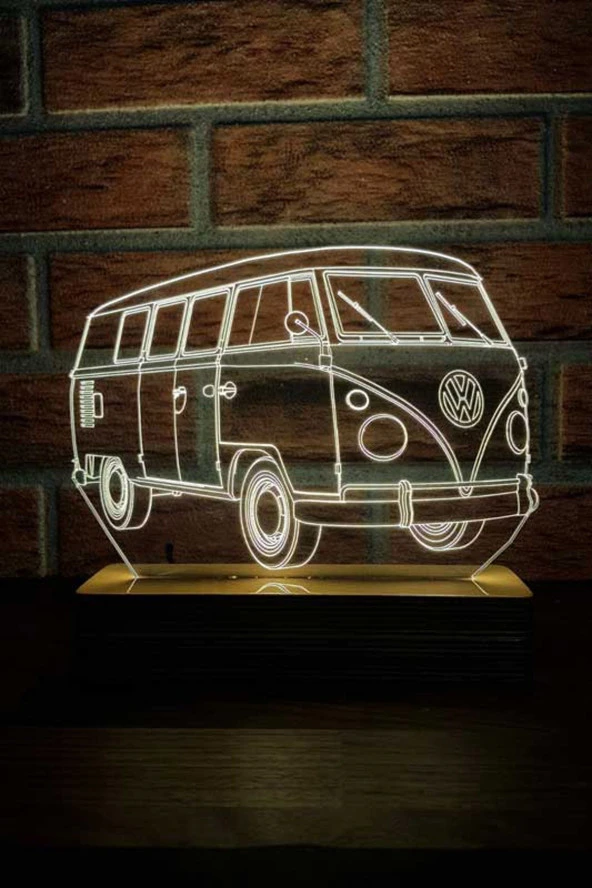 BY-LAMP Panel Van Figürlü Dekoratif Hediye Led Masa Lambası | 7 Işık Rengi | Ahşap Taban ürün görseli 1