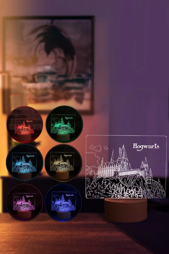 BY-LAMP Harry Potter Hogwarts Figürlü Dekoratif Hediye Led Masa Lambası | 7 Işık Rengi | Ahşap Taban - Resim 2