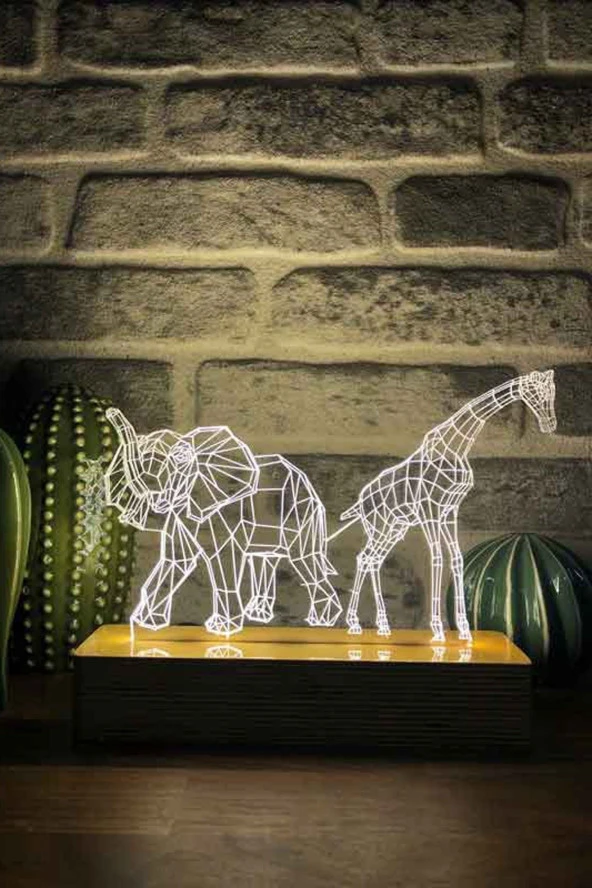 BY-LAMP Fil Ve Zürafa Figürlü Dekoratif Hediye Led Masa Lambası | Günışığı Renk | Ahşap Taban ürün görseli 1
