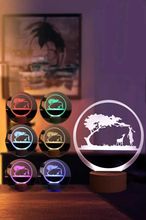 BY-LAMP Safari Figürlü Dekoratif Hediye Led Masa Lambası | 7 Işık Rengi | Ahşap Taban - 2