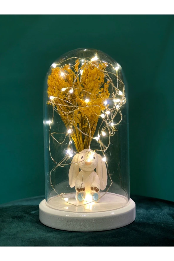 BY-LAMP Işıklı Fanus Mavi Tavşan Ve Çiçek Figürlü Lamba Çocuk Odası Gece Lambası Hediyesi Beyaz Taban - Resim 2