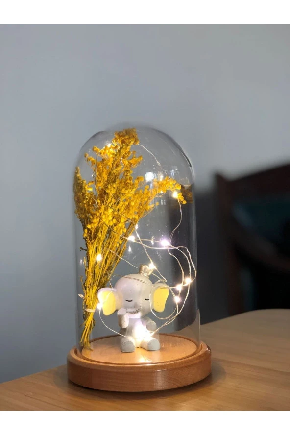 BY-LAMP Işıklı Fanus Sarı Kulak Fil Ve Çiçek Figürlü Lamba Yeni Yıl Hediyesi Ahşap Taban - Resim 2