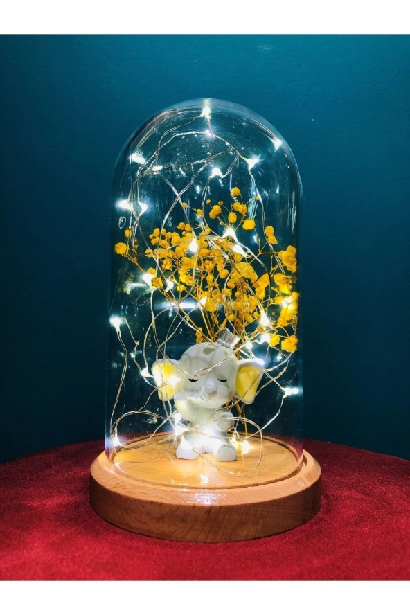 BY-LAMP Işıklı Fanus Sarı Kulak Fil Ve Çiçek Figürlü Lamba Yeni Yıl Hediyesi Ahşap Taban - Resim 3