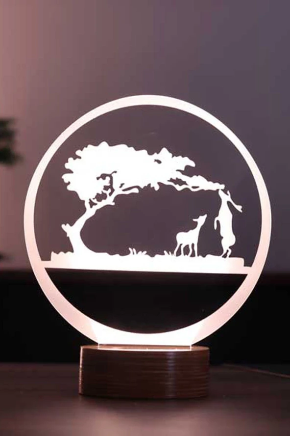 BY-LAMP Safari Figürlü Dekoratif Hediye Led Masa Lambası | 7 Işık Rengi | Ahşap Taban