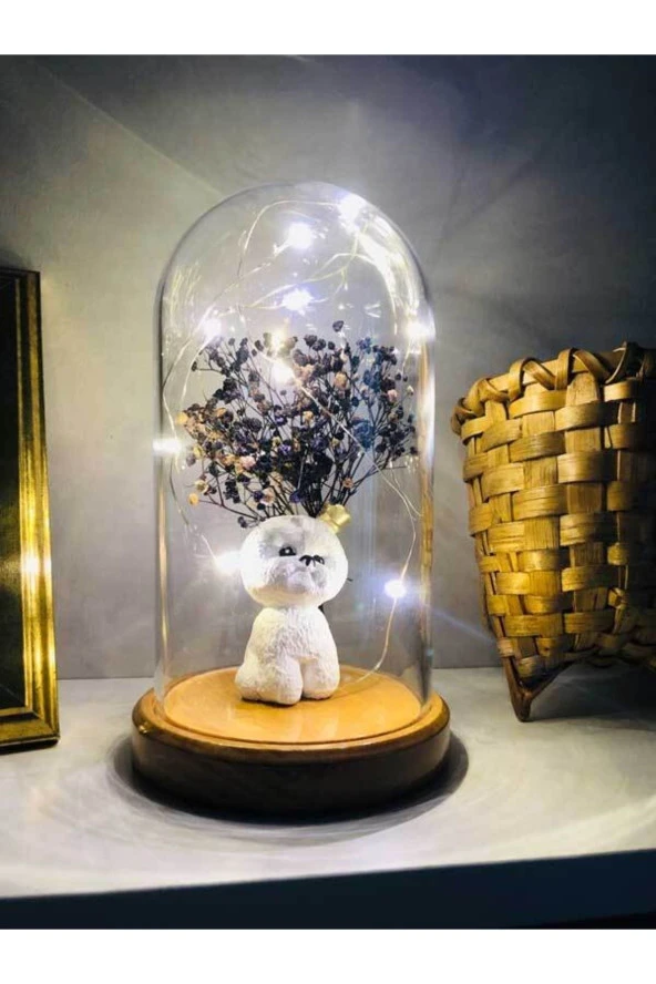 BY-LAMP Işıklı Fanus Sevimli Köpek Figürlü Lamba Gece Lambası Hediyesi Ahşap Taban - Resim 3