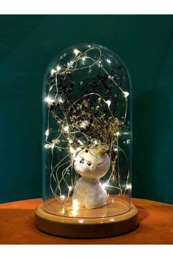 BY-LAMP Işıklı Fanus Sevimli Köpek Figürlü Lamba Gece Lambası Hediyesi Ahşap Taban - Resim 4