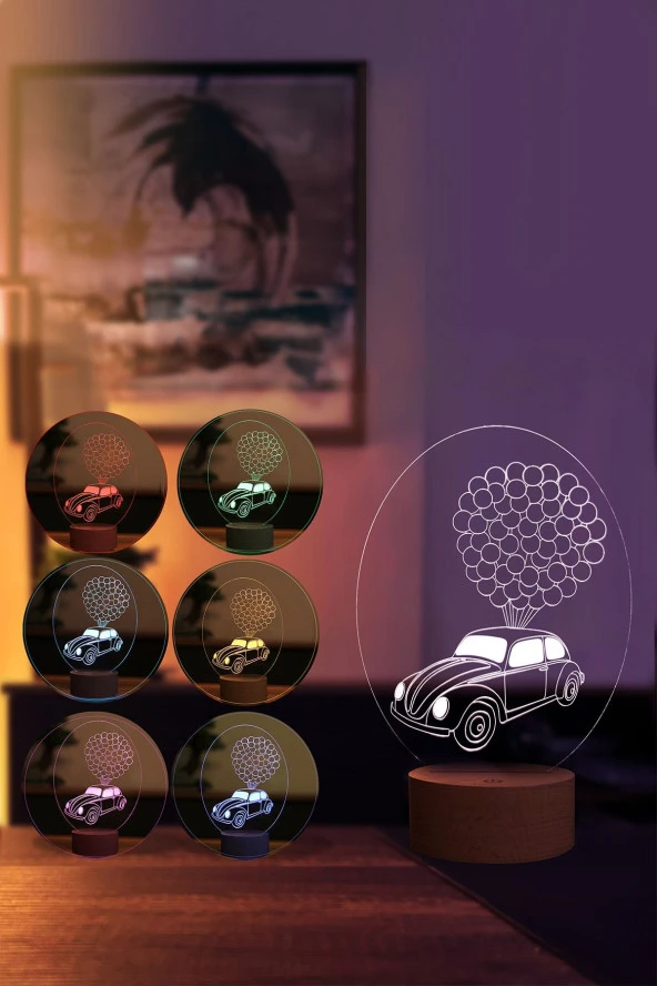 BY-LAMP Vosvos Balon Figürlü Dekoratif Hediye Led Masa Lambası | 7 Işık Rengi | Ahşap Taban - Resim 2