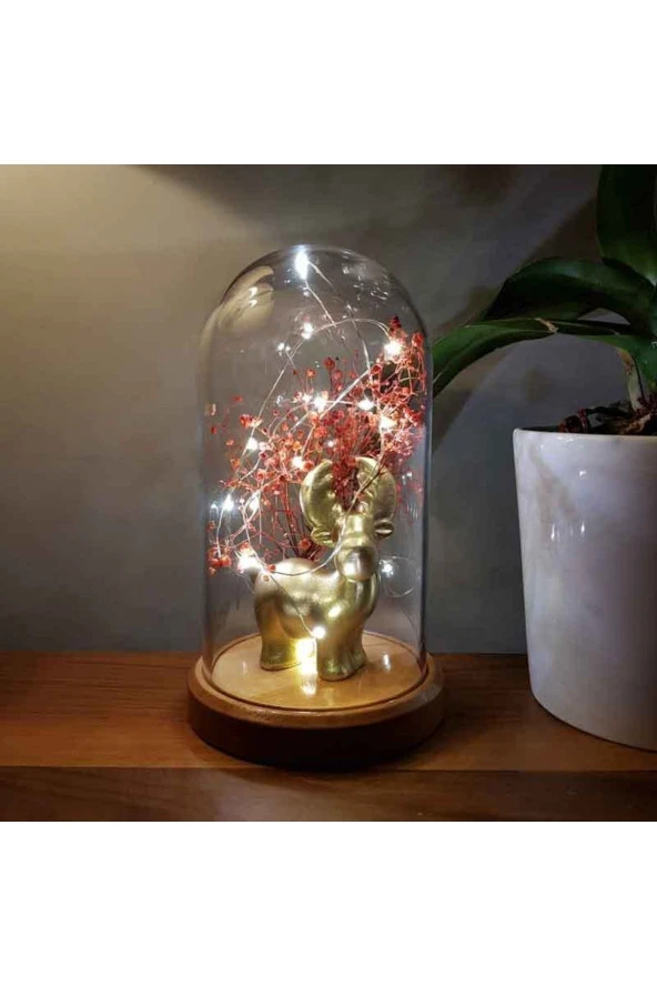 BY-LAMP Işıklı Gold Geyik Figürlü Fanus Lamba Led Gece Lambası Hediyelik - Resim 2