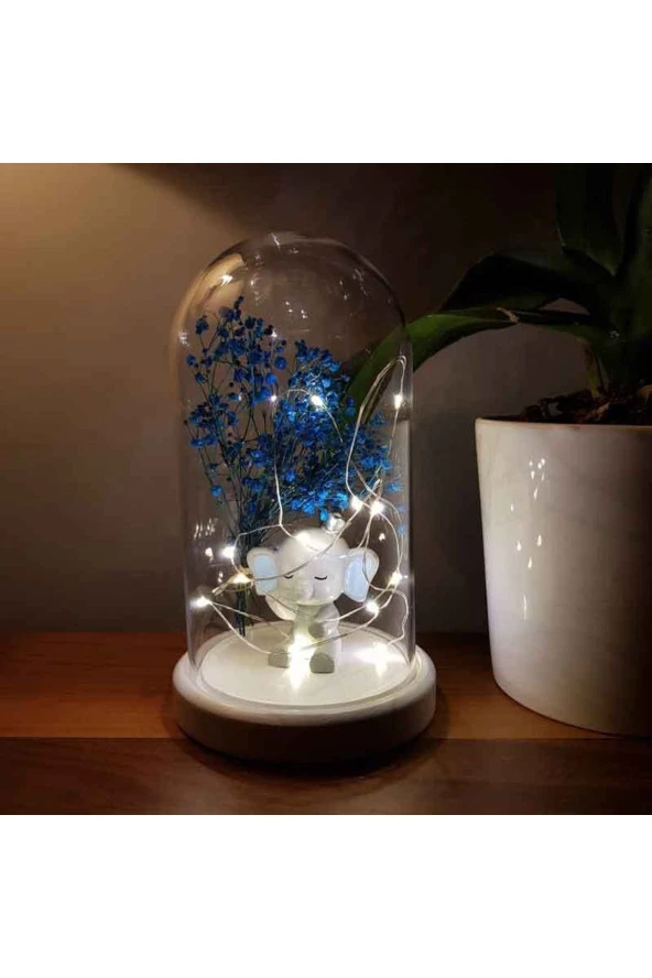 BY-LAMP Işıklı Fanus Çocuk Odası Mavi Kulak Fil Figürlü Gece Lambası Hediyesi Beyaz Taban - Resim 2