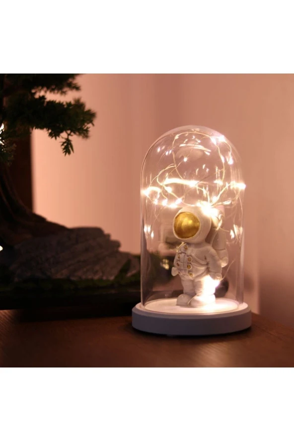 BY-LAMP Işıklı Fanus Gold Astronot Figürlü Gece Lambası Astronot Hediyesi Lamba - Resim 3