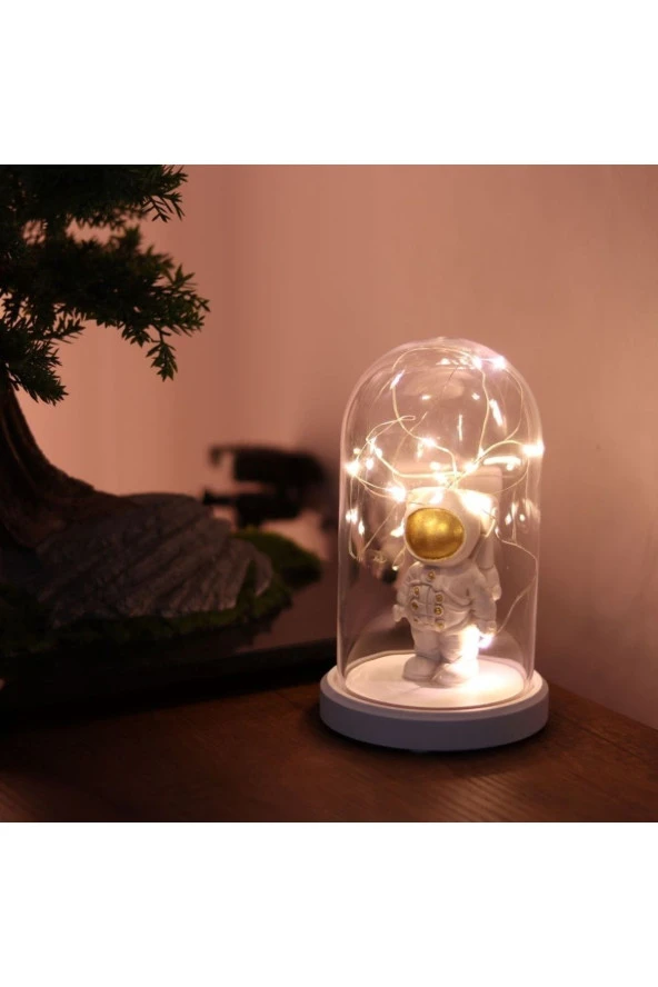 BY-LAMP Işıklı Fanus Gold Astronot Figürlü Gece Lambası Astronot Hediyesi Lamba - Resim 2