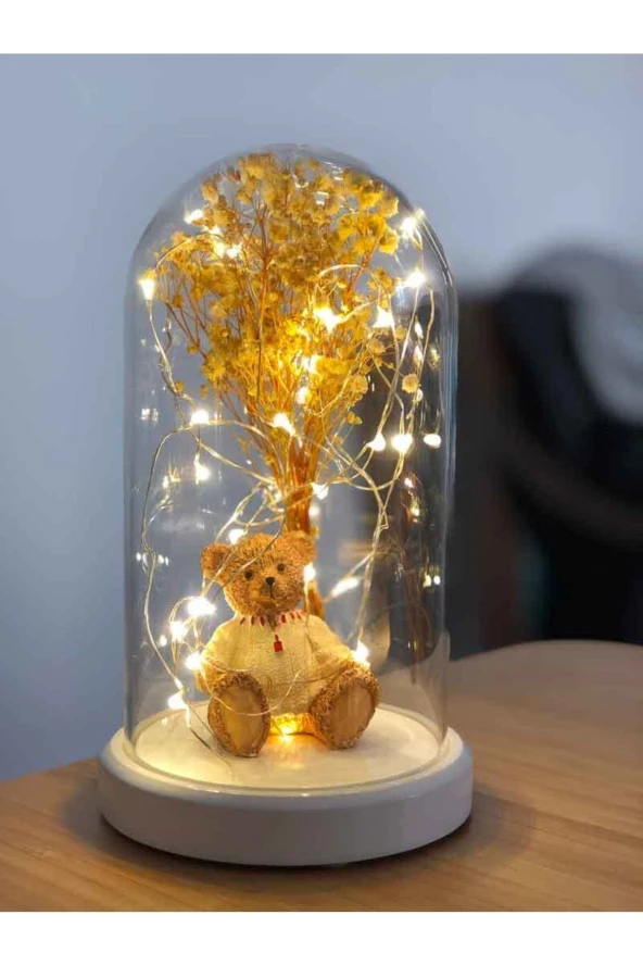 BY-LAMP Işıklı Fanus Ayı Ve Çiçek Figürlü Lamba (BEYAZ TABAN) - Resim 3