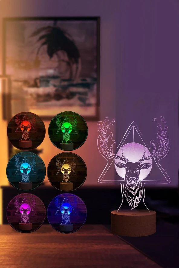 BY-LAMP Geyik Boynuzu Led Masa Lambası Ahşap Taban 7 Farklı Işık Renkli - Resim 2