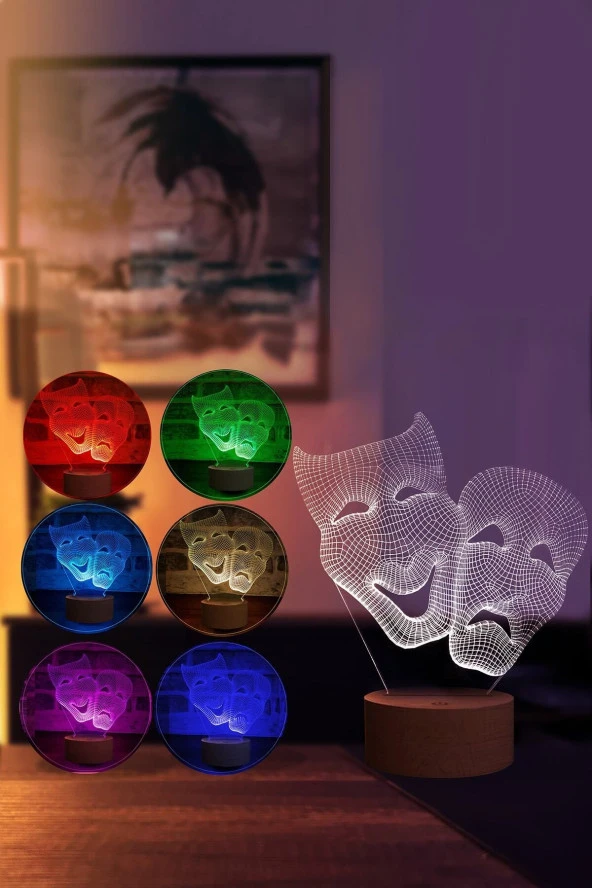 BY-LAMP Tiyatro Maskesi Figürlü Dekoratif Hediye Led Masa Lambası | 7 Işık Rengi | Ahşap Taban - 2
