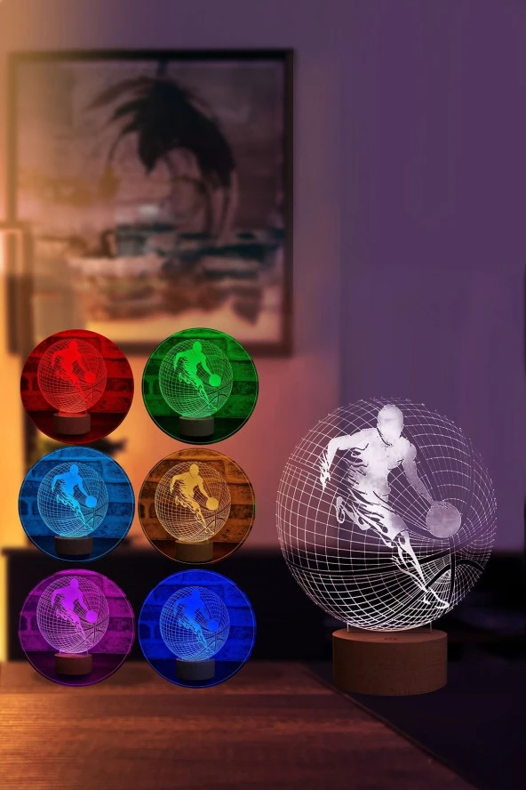 BY-LAMP Basketbol Topu, Basketbolcu Figürlü Dekoratif Hediye Led Masa Lambası | 7 Işık Rengi | Ahşap Taban - Resim 2