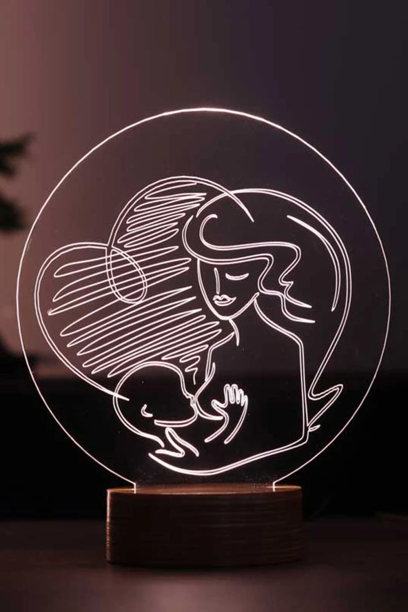 BY-LAMP Anneler Günü Hediyesi. Anne-çocuk Ve Kalp Figürlü Led Masa Lambası - Ahşap Taban