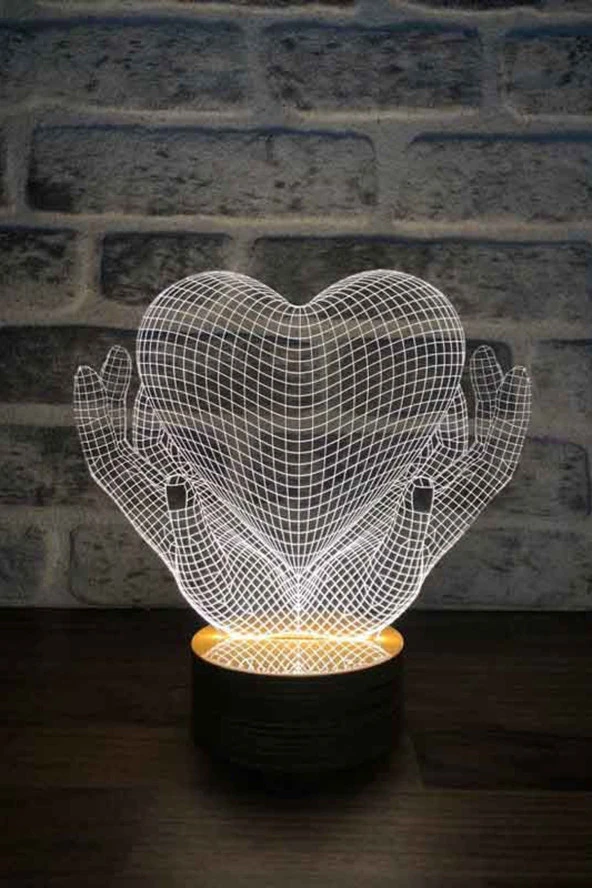 BY-LAMP Sevgiliye Hediye. Kalp Eller Figürlü Led Masa Lambası | 7 Işık Rengi | Ahşap Taban ürün görseli 1