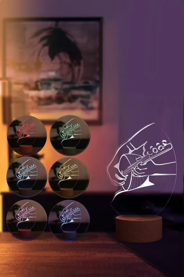 BY-LAMP Saz Figürlü Dekoratif Hediye Led Masa Lambası | 7 Işık Rengi | Ahşap Taban - Resim 2