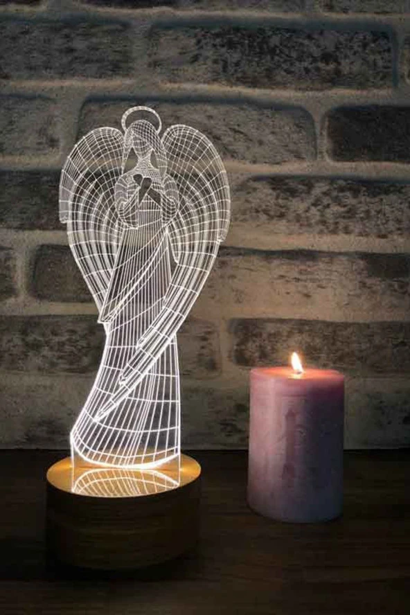 BY-LAMP Anneler Günü Hediyesi. Melek Figürlü Led Masa Lambası - Ahşap Taban ürün görseli 1