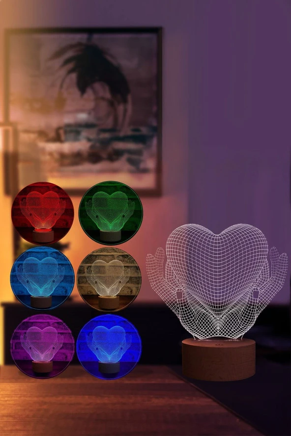 BY-LAMP Sevgiliye Hediye. Kalp Eller Figürlü Led Masa Lambası | 7 Işık Rengi | Ahşap Taban - Resim 2