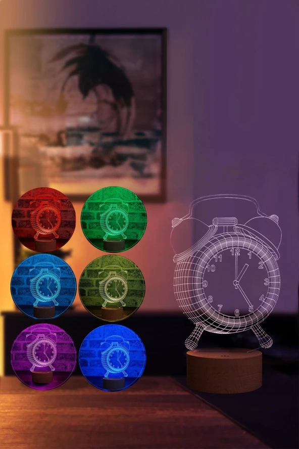BY-LAMP Saat Figürlü Dekoratif Hediye Led Masa Lambası | 7 Işık Rengi | Ahşap Taban - Resim 2