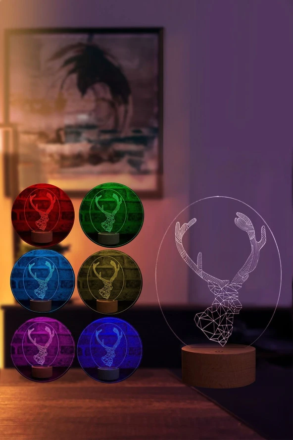 BY-LAMP Geyik Led Masa Lambası Ahşap Taban 7 Farklı Işık Renkli - Resim 2