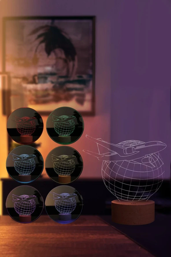 BY-LAMP Uçak Figürlü Dekoratif Hediye Led Masa Lambası | 7 Işık Rengi | Ahşap Taban - 2