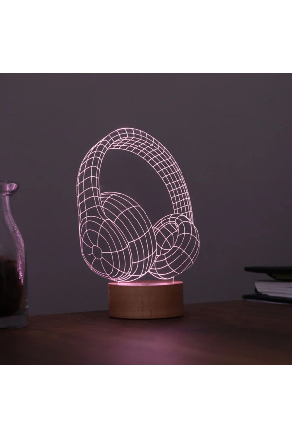 BY-LAMP Kulaklık Masa Lambası Ahşap Taban 7 Farklı Işık Renkli Hediye Dekoratif Aydınlatma