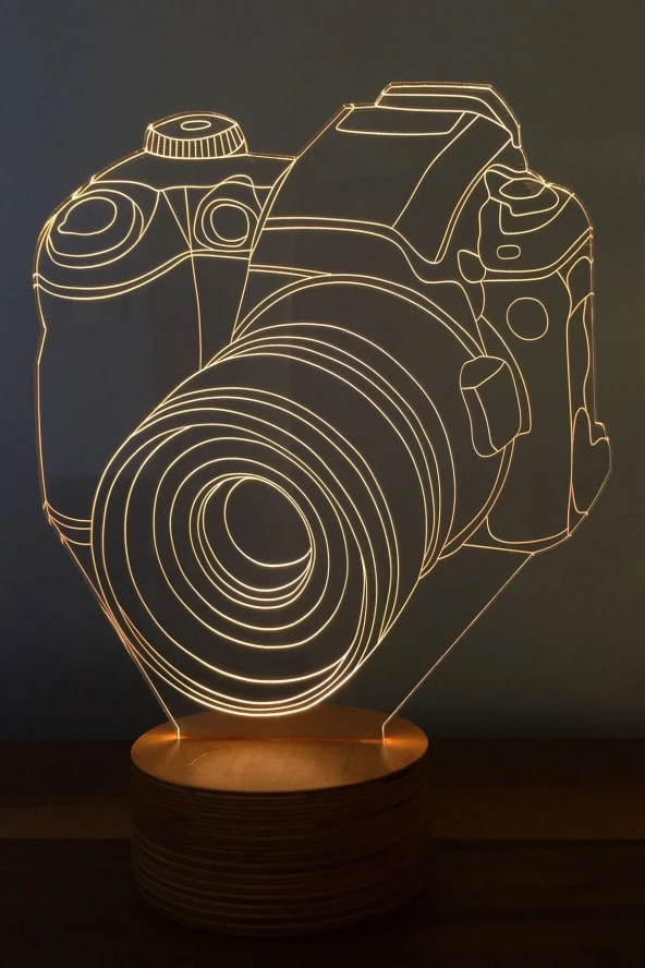 BY-LAMP Fotoğraf Makinesi Tasarımlı Led Masa Lambası - Ahşap Taban 7 Farklı Işık Renkli Dekoratif Aydınlatma
