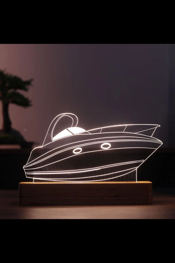 BY-LAMP Yat Figürlü Dekoratif Hediye Led Masa Lambası | 12 Volt Adaptör | Ahşap Taban