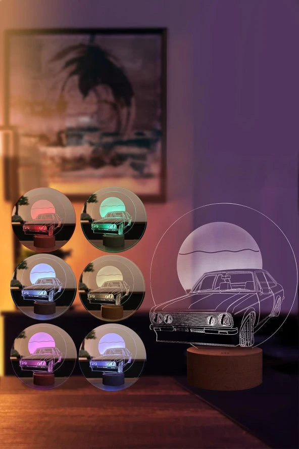 BY-LAMP Retro Araba Figürlü Dekoratif Hediye Led Masa Lambası | 7 Işık Rengi | Ahşap Taban - Resim 2