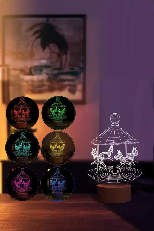 BY-LAMP Atlıkarınca Led Masa Lambası Ahşap Taban 7 Farklı Işık Renkli Hediye Dekoratif Aydınlatma - Resim 2